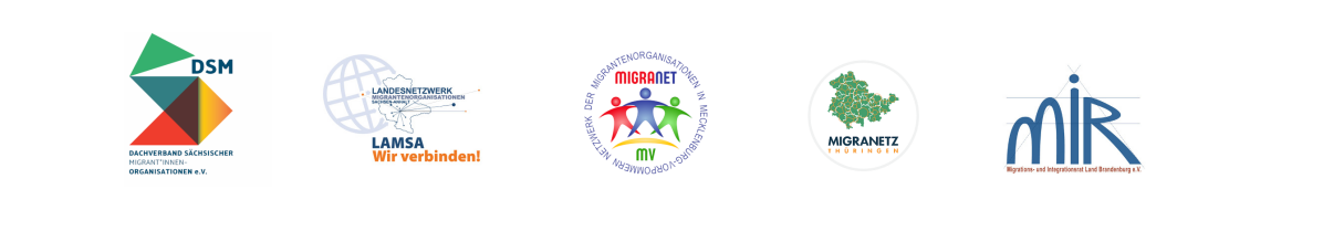 Logos der fünf Landesnetzwerke DSM, LAMSA, Migranet M-V, MigraNetz Thüringen und MIR